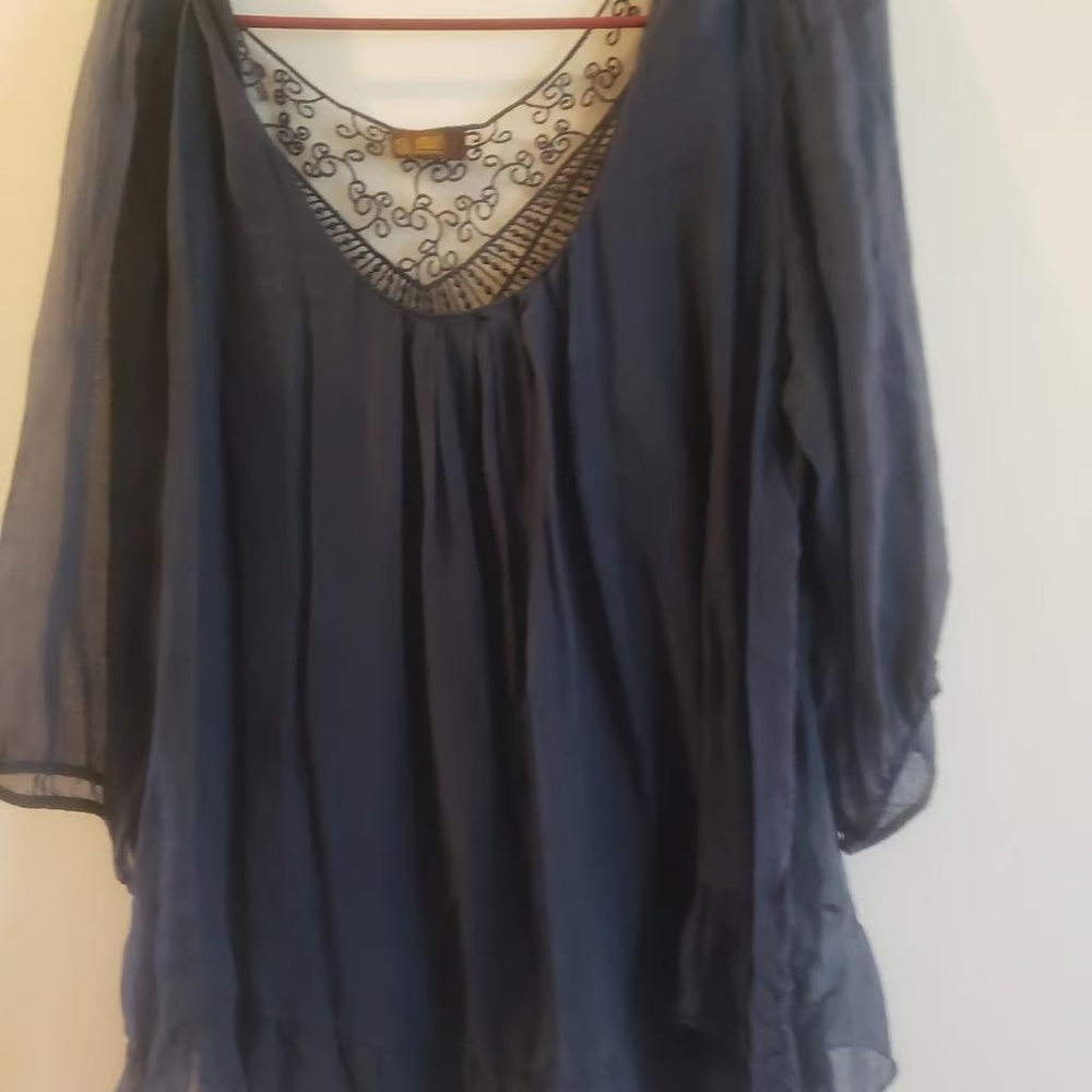 Womens amanti navy blue silk crochet trim layeted look dress large